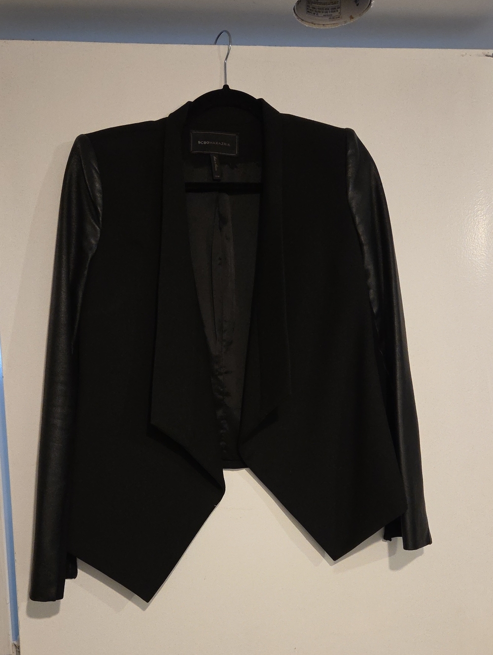 BCBGMaxAzria Black Draped Open-Front Blazer with Faux Leather Sleeves